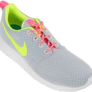 Nike Roshe Run Sneakers Grey and Neon Yellow/Pink